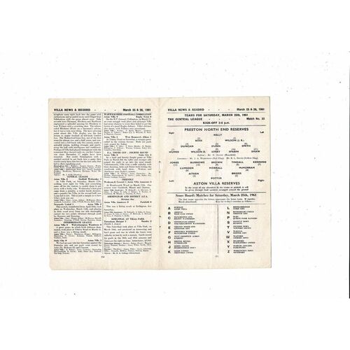 1960/61 Aston Villa v West Bromwich Albion & Preston Reserves Double Football Programme