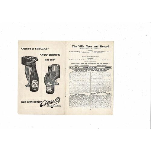 1960/61 Aston Villa v West Bromwich Albion & Preston Reserves Double Football Programme