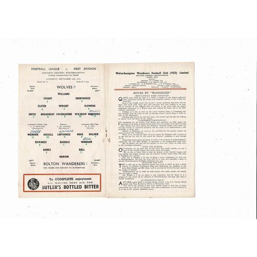1954/55 Wolves v Bolton Wanderers Football Programme