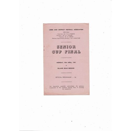 Farsley Celtic v Robin Hood Athletic Leeds Snr Cup Final Football Programme 1961