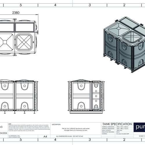 PW.2X1.5X1.5.IFB.AG - 4500  LITRE SECTIONAL WATER TANK, INTERNALLY FLANGED BASE (IFB)