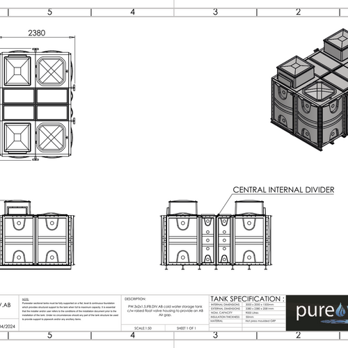 PW.3X2X1.5.IFB.DIV.AB(1.5+1.5) - 9000 LITRE DIVIDED SECTIONAL WATER TANK, INTERNALLY FLANGED BASE (IFB) C/W FVH