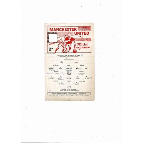 Manchester United Youth v Liverpool Youth Football Programme 1966/67