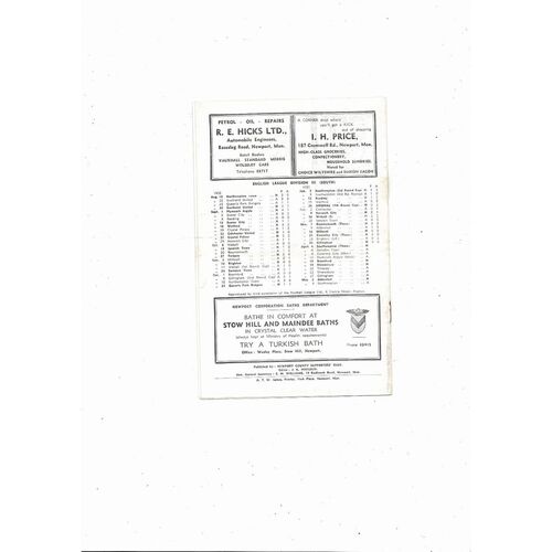 1956/57 Newport County v Southampton Football Programme