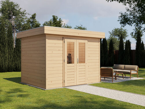 3.0mtr x 2.4mtr 28mm walled Flat Roof Cabin