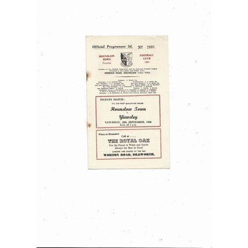 Hounslow Town v Yiewsley FA Cup Football Programme 1958/59