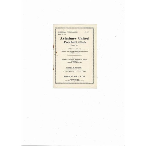 1962/63 Aylesbury United v Wolverton Town Berks & Bucks Cup Football Programme