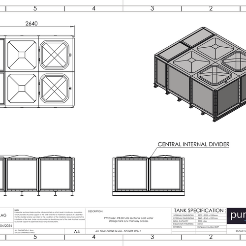PW.2.5X2X1.IFB.DIV.AG(1+1) - 5000 LITRE DIVIDED SECTIONAL WATER TANK, INTERNALLY FLANGED BASE (IFB)