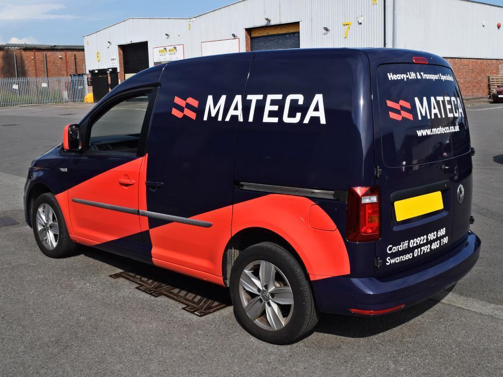 Mateca company branded vehicle wrap on Volkswagen Caddy van.