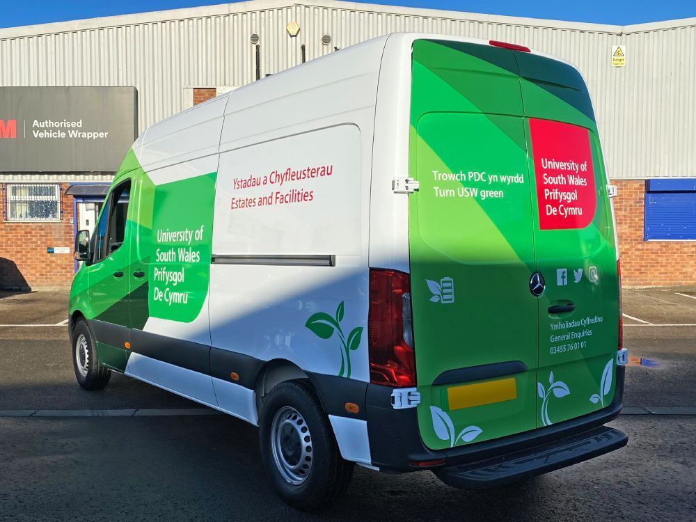 University of South Wales branded vehicle wrap on Mercedes Sprinter van.
