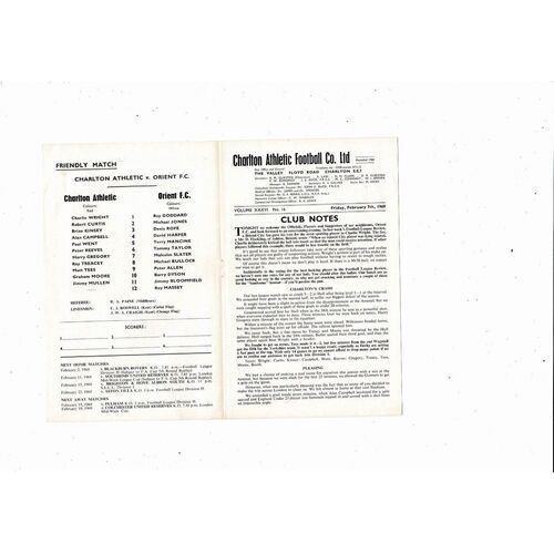 Charlton Athletic v Leyton Orient Friendly Football Programme 1968/69