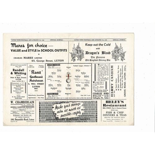 1953/54 Luton Town v Stoke City Football Programme