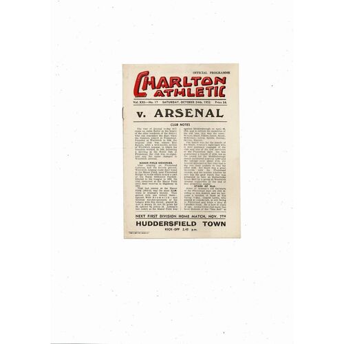 1953/54 Charlton Athletic v Arsenal Football Programme