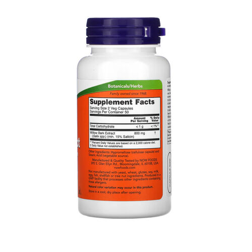 NOW Foods Willow Bark Extract 400mg - 15% Salicin - 100 Veg Capsules