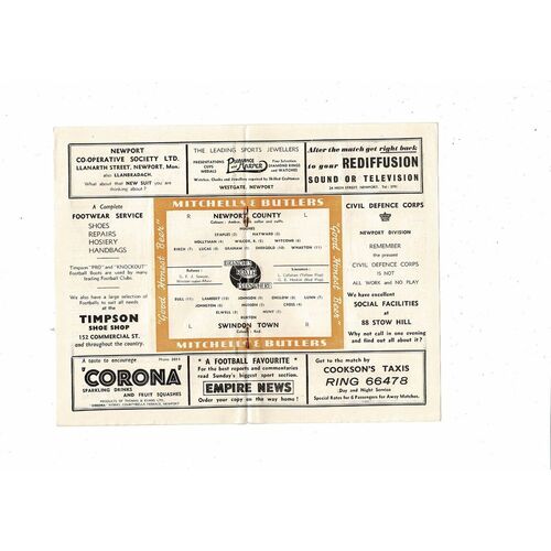 1953/54 Newport County v Swindon Town Football Programme