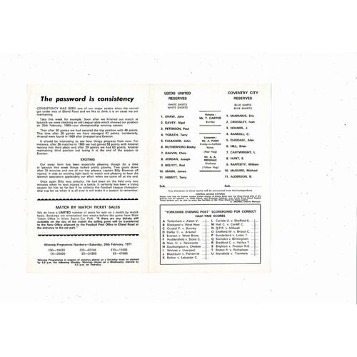Leeds United v Coventry City Central League Football Programme 1970/71