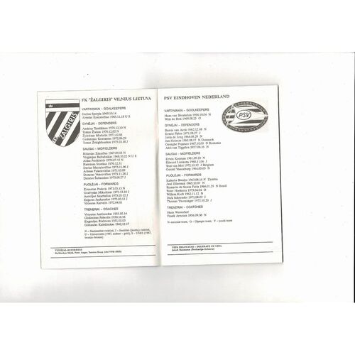 Zalgiris v PSV Eindhoven UEFA Champions League Football Programme 1992/93