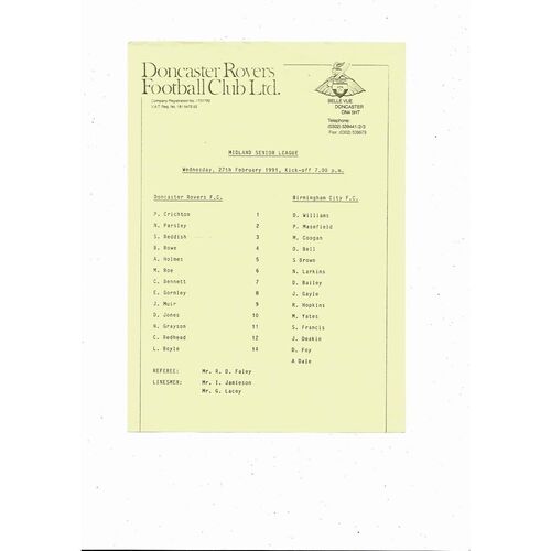 Doncaster Rovers v Birmingham City Midland Snr League Football Programme 1990/91