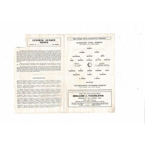 Manchester United v Wolves Central League Football Programme 1962/63