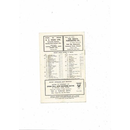 1954/55 Newport County v Reading Football Programme