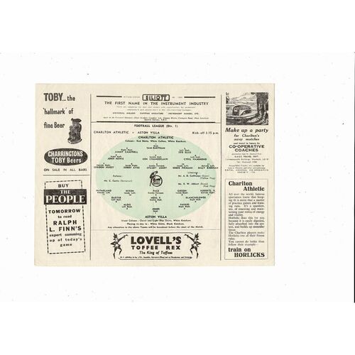 1953/54 Charlton Athletic v Aston Villa Football Programme