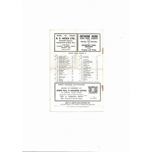 1959/60 Newport County v Chesterfield Football Programme