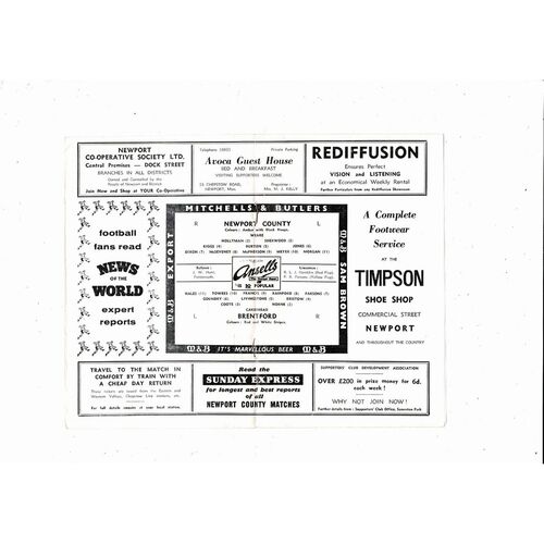 1959/60 Newport County v Brentford Football Programme