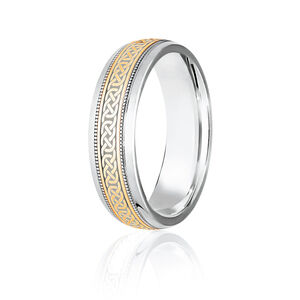 18ct 6mm TWO COLOUR diamond cut Celtic love knot design with mille-grain borders