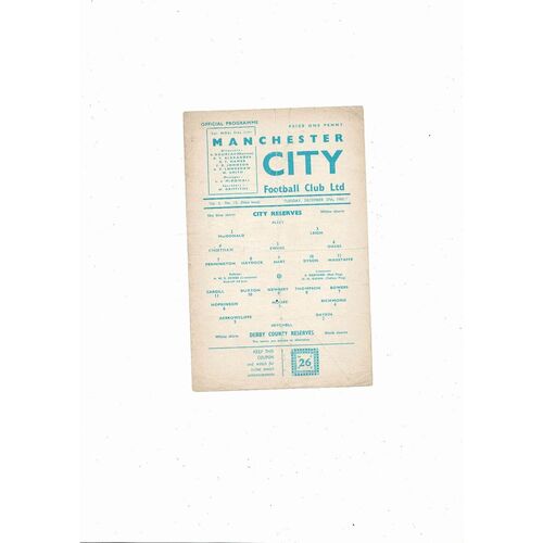 1960/61 Manchester City v Derby County Central League Football Programme