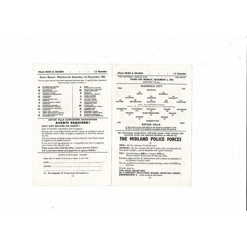 1962/63 Aston Villa v Bolton & Norwich City League Cup Double Football Programme