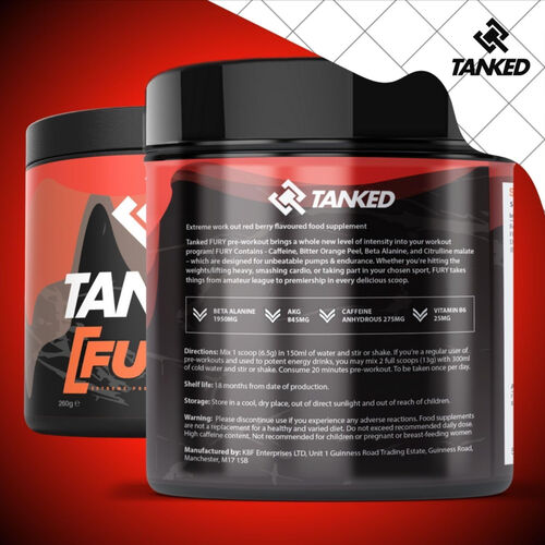 Tanked Fury Extreme Pre-Workout Powder Red Berry - 260g (40 Servings)
