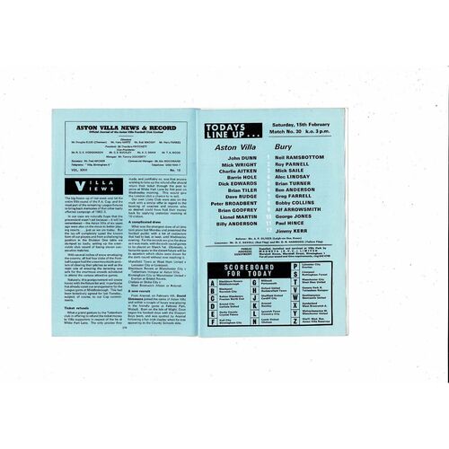 1968/69 Aston Villa v Bury Football Programme