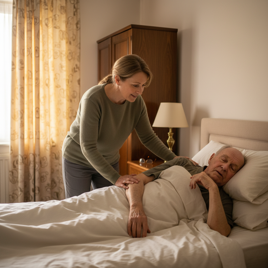 Elderly man lying on his side in bed with eyes closed and duvet up to his shoulders while a female carer stands beside him gently touching his shoulder in a softly lit bedroom, showing how difficult it can be to encourage someone with dementia to get out of bed in the morning and how much calm, patient home care support is needed in Bristol.
