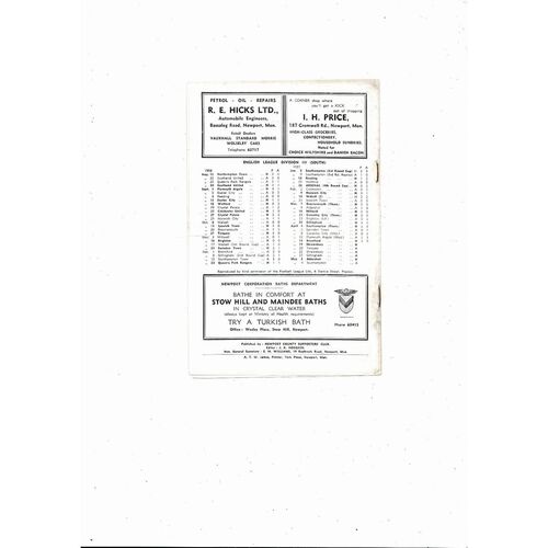 1956/57 Newport County v Shrewsbury Town Football Programme