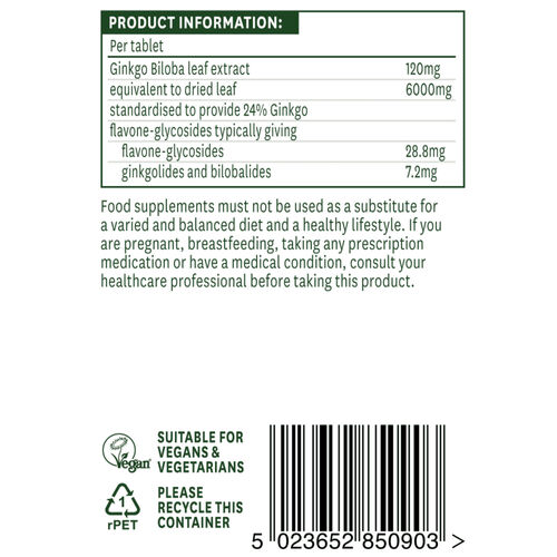 Ginkgo Biloba Standardised by Natures Aid 6000mg - 90 Tablets
