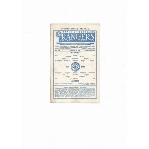 1963/64 Rangers v Airdrie Football Programme 29th February 1964
