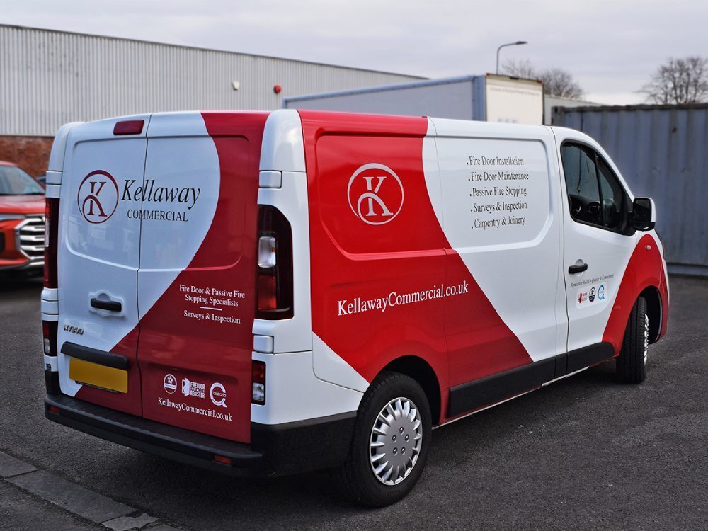 Red and white business branded van livery on Nissan NV300.