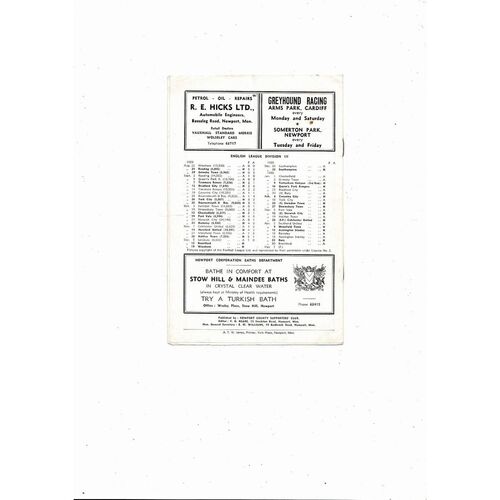 1959/60 Newport County v Brentford Football Programme