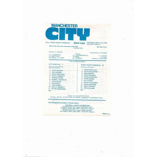 Manchester City v Derby County Central League Football Programme 1977/78