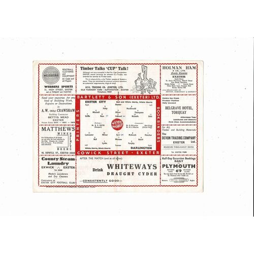 1958/59 Exeter City v Darlington Football Programme