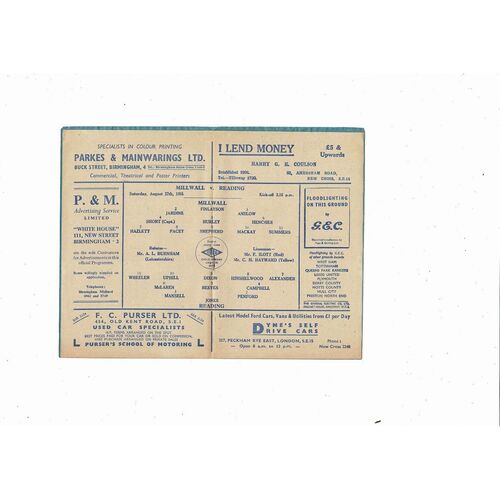 1955/56 Millwall v Reading Football Programme