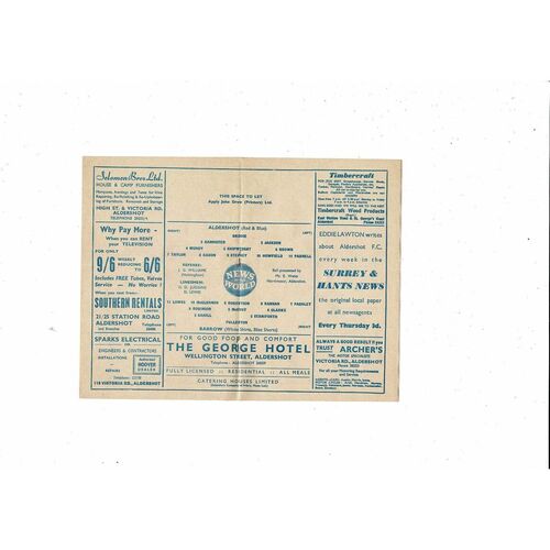 1960/61 Aldershot v Barrow Football Programme