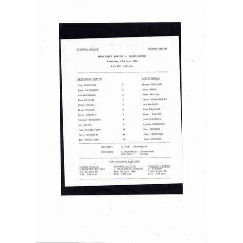 Newcastle United v Leeds United Central League Football Programme 1985/86