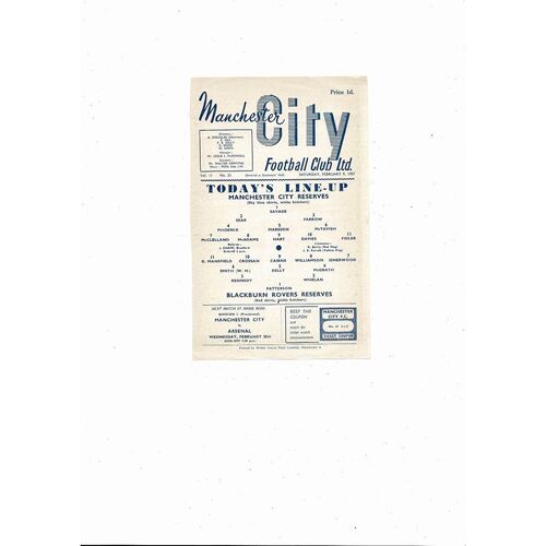 Manchester City v Blackburn Rovers Central League Football Programme 1956/57