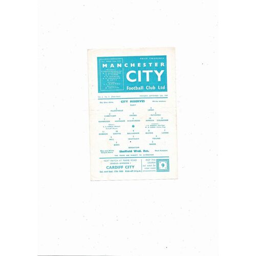 Manchester City v Sheffield Wednesday Central League Football Programme 1960/61
