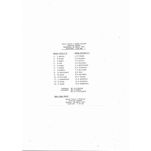 1990/91 Aston Villa v Leeds United Reserves Football Programme