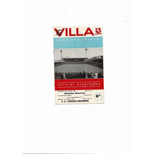 1965/66 Aston Villa v F.C Twente Friendly & Barnsley Reserve Football Programme