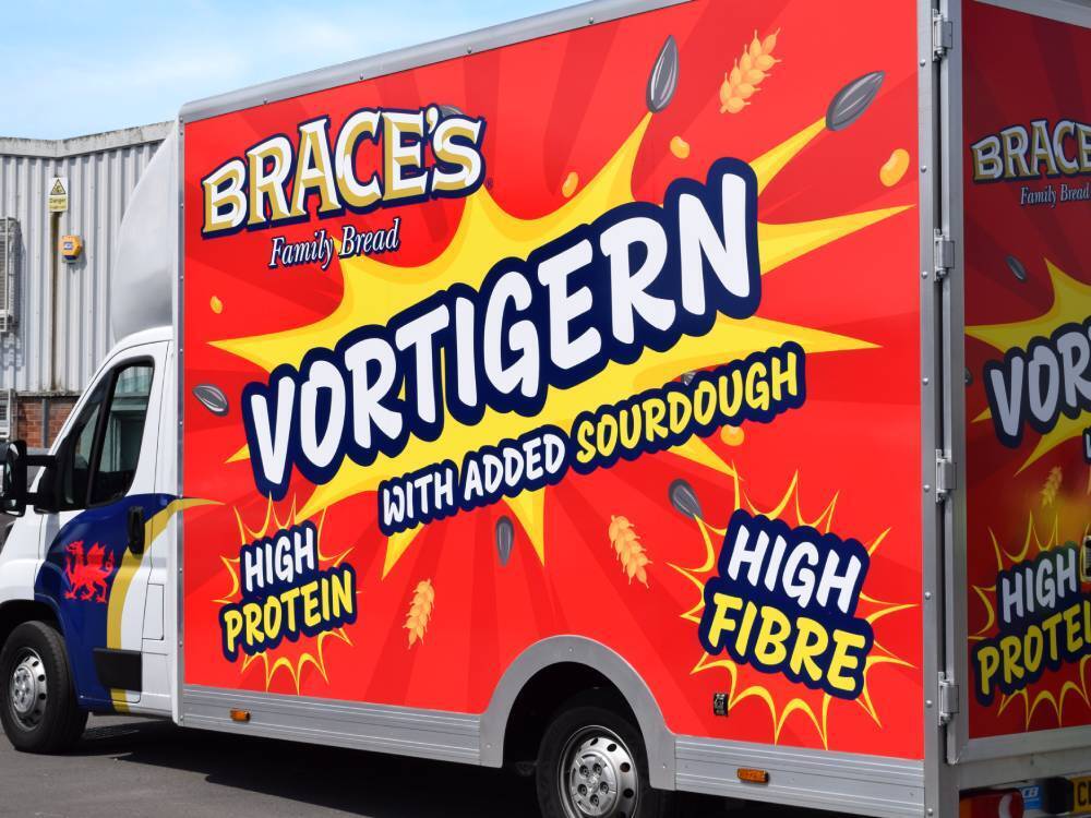 Close up of Braces Bread marketing campaign van wrap on Peugeot Boxer Luton.