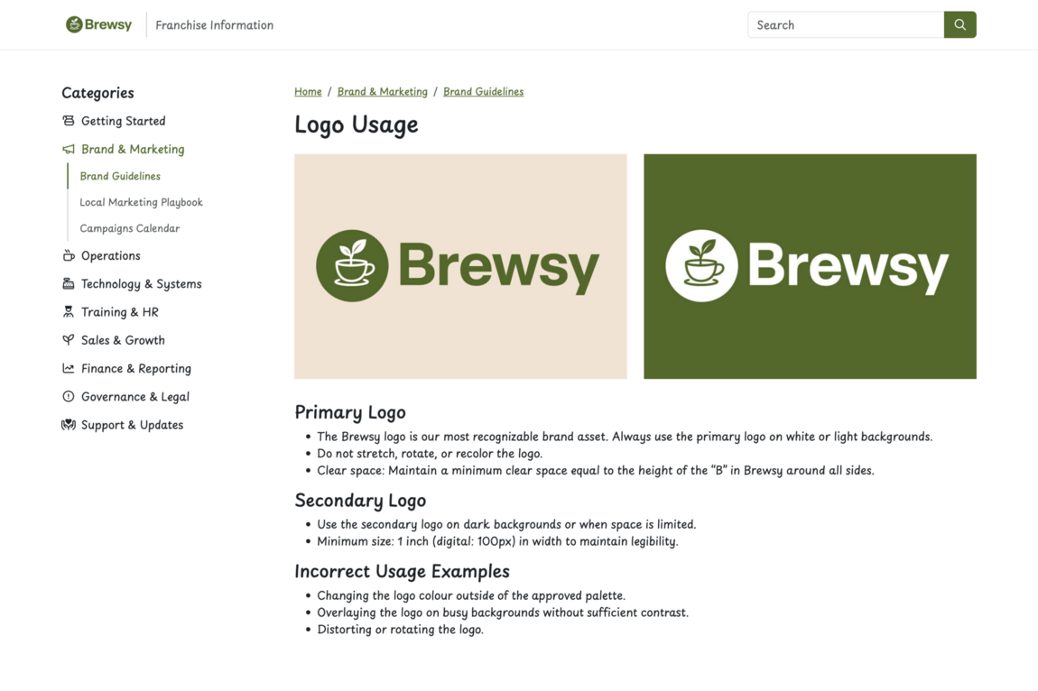 Brewsy KnowledgeBase showing logo usage.