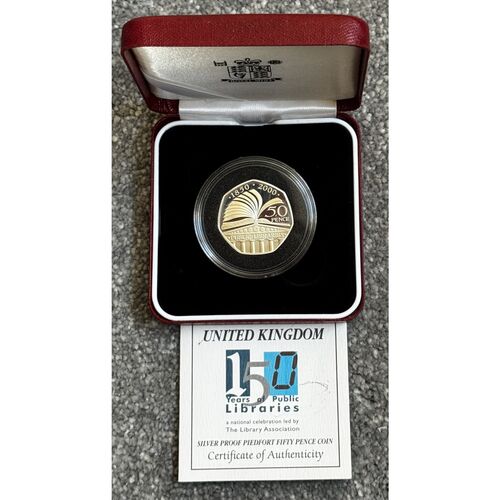2000 - 150 Year of Public Libraries - Silver Proof Piedfort 50p Coin - 16g